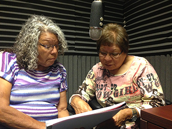 Sisters Martha Birdbear and Mary Gachupin recording in New Town, ND for the Hidatsa Vocab Builder.